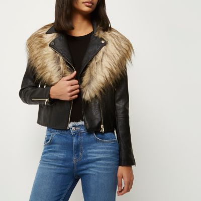 Black faux fox fur collar biker jacket